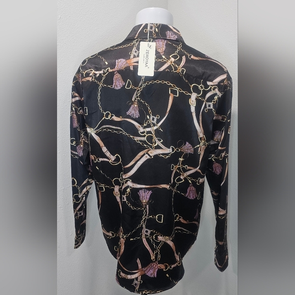 Zeroyaa Men's Luxury Printed Silk Like Satin Button Down Dress Shirt Large NWT - Picture 2 of 12